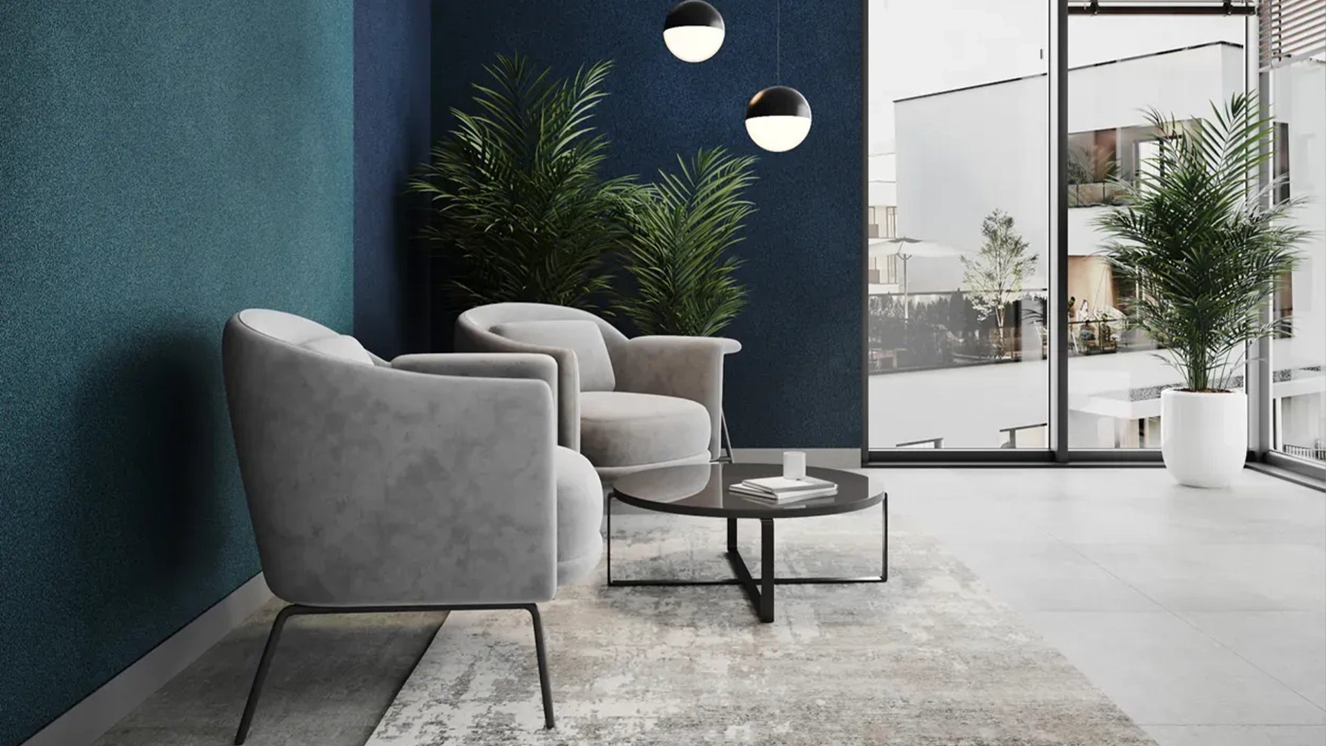 Plain Acoustic Wallpaper - 90% Wool fluffo in modern interior with armchairs DecorMania eu